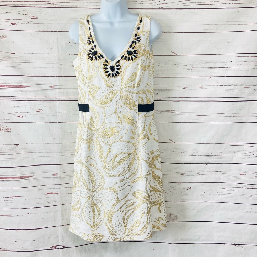 Lilly Pulitzer‎ Laidle Dress Women’s 10 Gold Metallic Shift Beaded V-Neck
